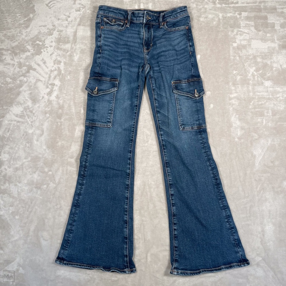 American Eagle Women's Jeans Low Rise Flare Leg Denim Cargo Casual 2 Blue